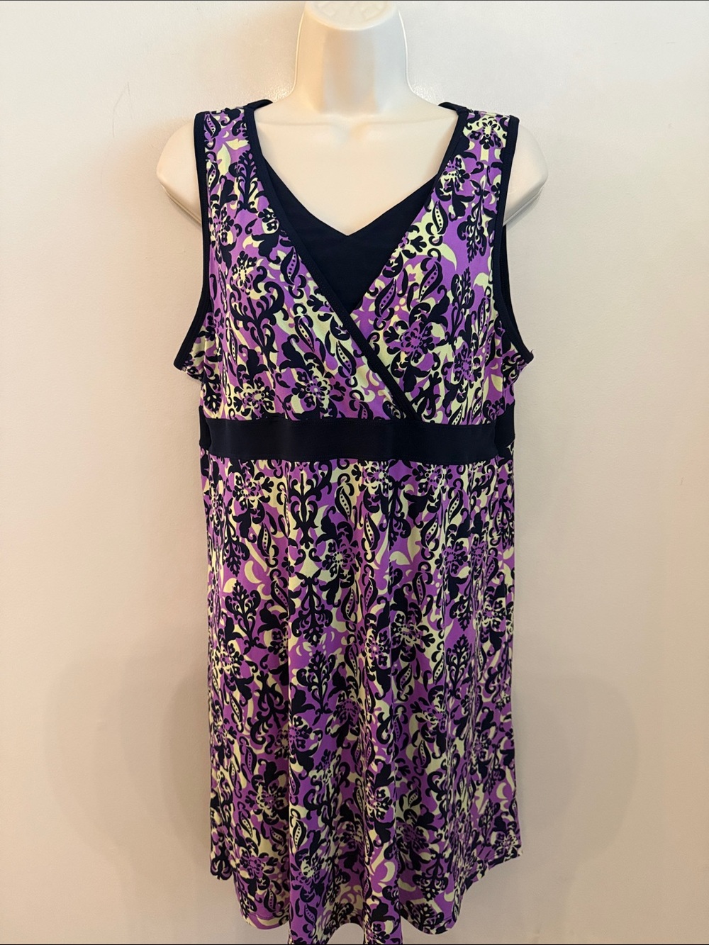 tek gear Purple and Black Floral Wrap-Style Midi Dress